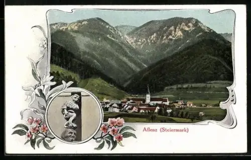 AK Aflenz, Ortschaft mit Bergen, Steinfigur