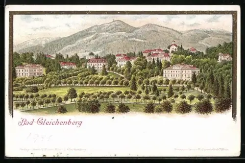 Lithographie Bad-Gleichenberg, Ortsansicht hinter Wiesen