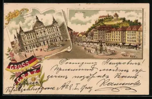 Lithographie Graz, Hauptplatz mit dem Rathaus, Kaiser Josefsplatz