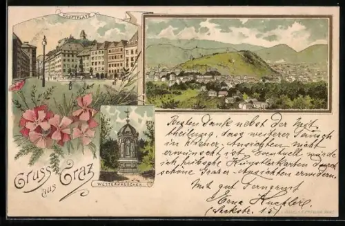 Lithographie Graz, Hauptplatz, Wetterhäuschen, Panoramablick auf die Stadt