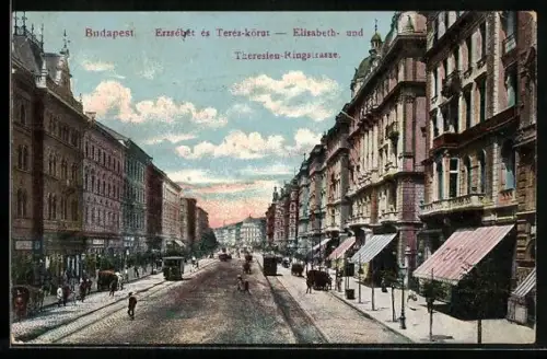 AK Budapest, Theresien-Ringstrasse mit Strassenbahnen