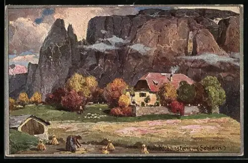 Künstler-AK Klobenstein /Schlern, Bauernhaus in den Bergen