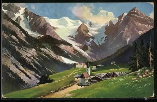 Künstler-AK Trafoi, Teilansicht mit Ortler