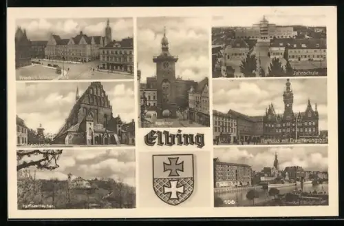 AK Elbing, Marienkirche, Friedrich-Wilhelm-Platz, Rathaus, Stadtwappen