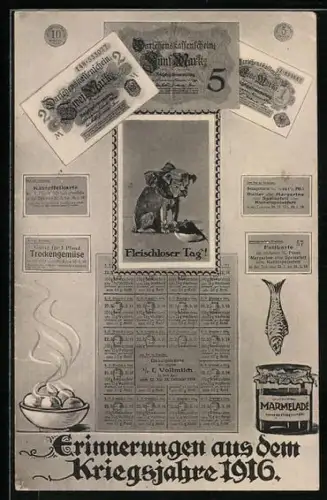 AK Erinnerungen aus dem Kriegsjahre 1916, Lebensmittelkarten