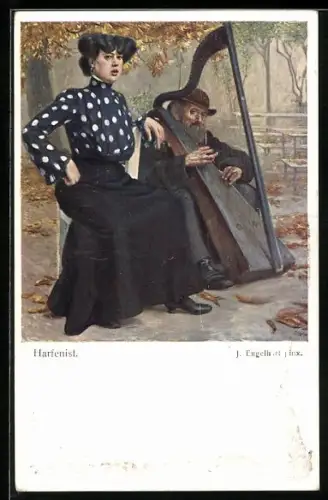 Künstler-AK Harfenist neben Dame im gepunkteten Oberteil