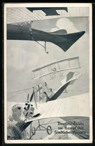 Künstler-AK Deutsche Taube im Kampf mit feindl. Fliegern
