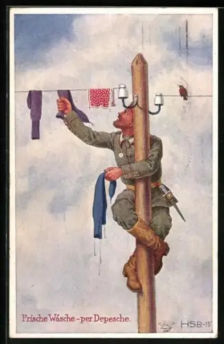 Künstler-AK H.S.B.: Frische Wäsche-per Depesche, Soldat trocknet Socken auf der Stromleitung