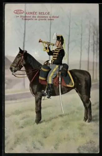 AK Armée Belge, 1er Régiment des chasseurs à cheval Trompette en grande tenue, Belgischer Soldat mit Trompete zu Pferde