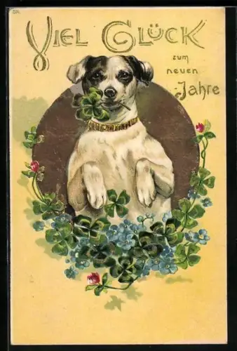 AK Terrier mit Kleeblatt im Maul, Neujahrsgruss