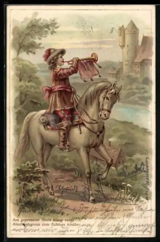 Lithographie Aus gepresster Seele klang sein Abschiedsgruss zum Schloss hinüber, Behüt Dich Gott!