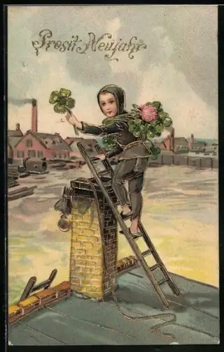 Lithographie Kleiner Schornsteinfeger mit Kleeblättern auf der Leiter