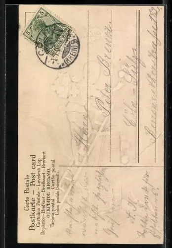 Lithographie Kleiner Schornsteinfeger mit Kleeblättern auf der Leiter