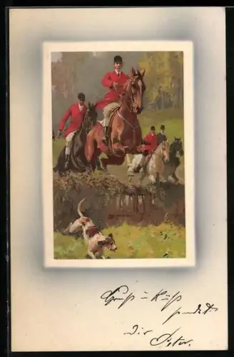 AK Jäger zu Pferde überwinden ein Hindernis, Jagdhund