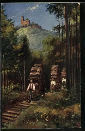 Künstler-AK Heinrich Hoffmann: Mühlbach, Forstarbeiter mit Holz auf Schlitten, Im Hintergrund Burg