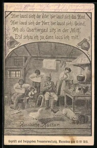 AK Russische Kultur, hier laust sich der Vater, hier laust sich das Kind...