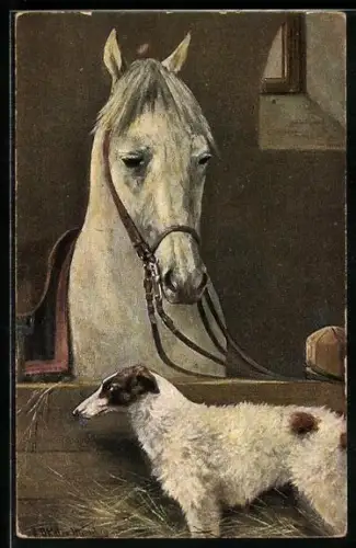 Künstler-AK August Müller - München: Hund und Pferd im Stall