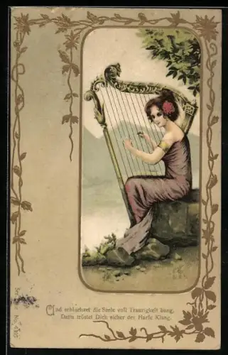 AK Junge Dame auf einem Stein mit Harfe, Jugendstil