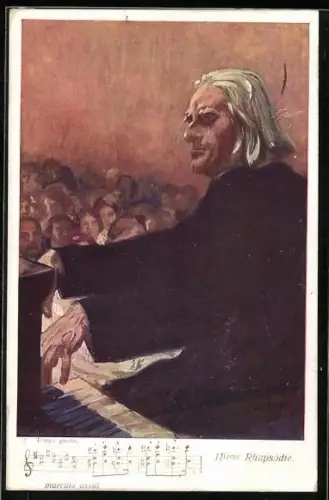 Künstler-AK Franz Liszt spielt auf dem Klavier, Noten Rhapsodie