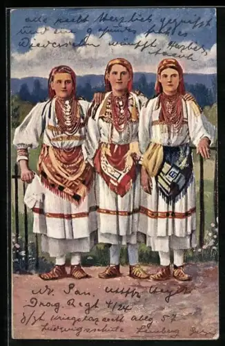 AK Kroatien, Hrvatska narodna nosnja, drei Damen in kroatischer Tracht