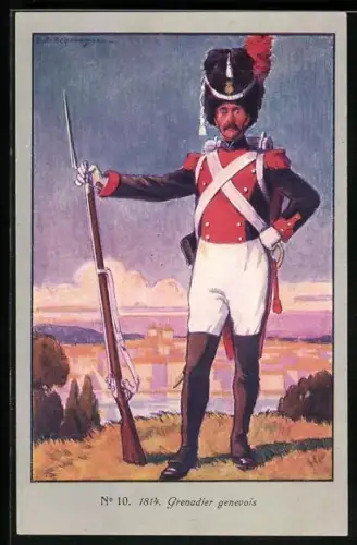 Künstler-AK Genève / Genf, 100-Jahrfeier der Wiedervereinigung 1914, Grenadier von 1814