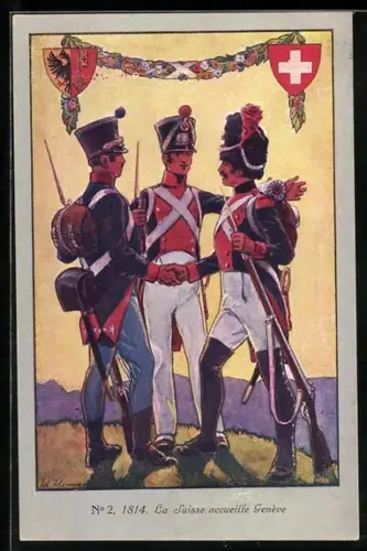 Künstler-AK Genève, La Suisse accueille 1814, Soldaten geben sich die Hand