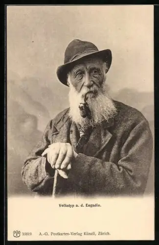 AK Alter Mann aus dem Engadin mit Pfeife und Stock