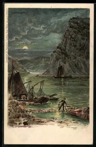 AK Fischer beim Salmfang vor dem Loreley-Felsen