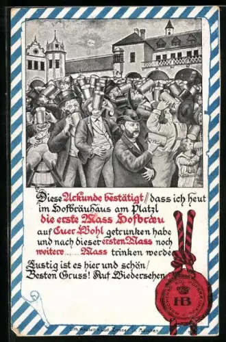 AK Urkunde aus dem Münchner Hofbräuhaus, Männer beim Trinken