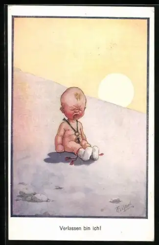 Künstler-AK T. Gilson: Schreiendes nacktes Baby mit Schnuller