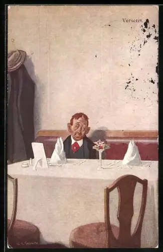 AK Kleiner Mann allein am Tisch im Restaurant, Versetzt