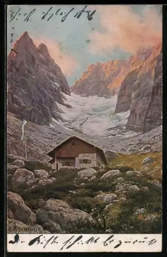 Künstler-AK sign.: Reschreiter, Blaueishütte am Hochkalter, Sektion Hochland des D. u. Ö. A. - V.