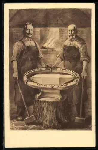 Künstler-AK Zweibund, Kaiser Franz Josef I. von Österreich & Kaiser Wilhelm II., schmieden einen Ring Islam Türkei