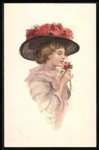 Künstler-AK Dame mit Hut riecht an Rose, Jugendstil