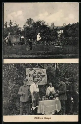 AK Zirkus Roye, Seiltänzer auf einer Wiese, Soldaten am Bierstand