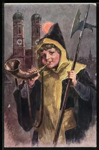 Künstler-AK München, Münchner Kindl mit Horn, Blick zur Frauenkirche
