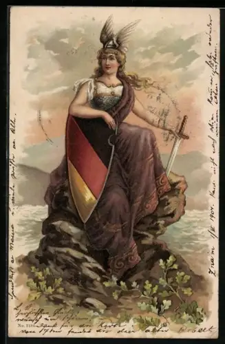 Lithographie Germania mit Schwert, geflügeltem Helm und Schild mit deutschen Farben