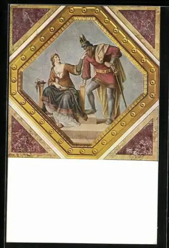 AK Nibelungenlied, Kriemhilde näht vor Hagen das Kreuzeszeichen auf Siegfrieds Gewand