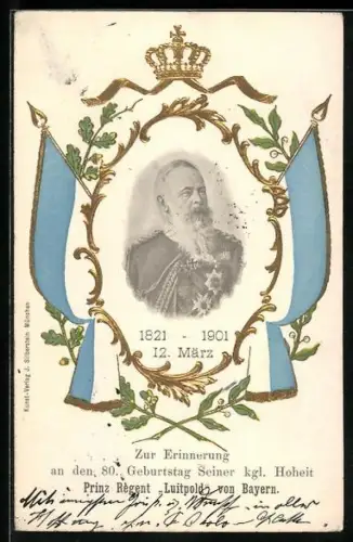 AK Portrait von Prinzregent Luitpold mit Bayerischen Flaggen