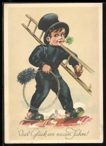 AK Schornsteinfeger auf dem Dachsims mit Leiter und Kleeblatt