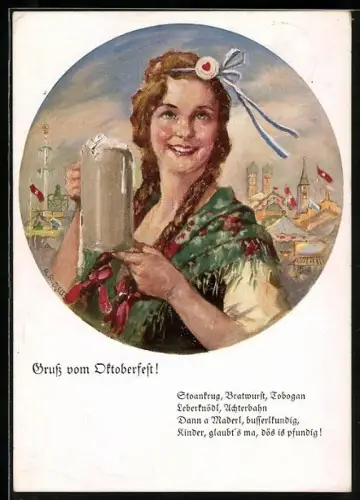 Künstler-AK Frau in Tracht hält einen Bierkrug hoch, Hintergrund das Oktoberfestgelände