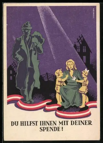 AK Aufruf zur Spende für die Heimkehrer-Befürsorgung, Kriegsgefangener kehrt zu seiner Familie heim