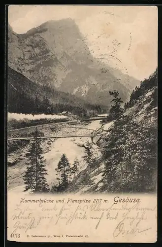 AK Gesäuse, Eisenbahn auf der Kummerbrücke, um 1900