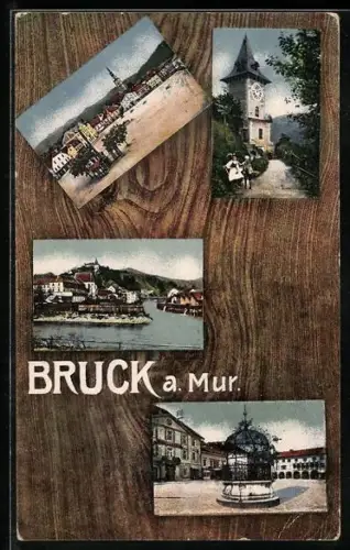 AK Bruck a. Mur, Mürzmündung, Hauptplatz, Uhrturm