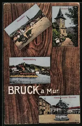 AK Bruck a. Mur, Hauptplatz, Uhrturm, Altertümlicher Brunnen