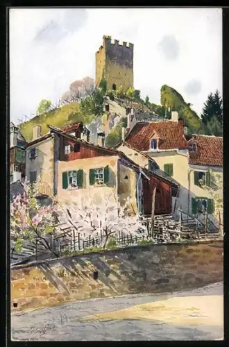 Künstler-AK J. Marschall: Meran / Merano, Ruine Pulverturm am Tappeine