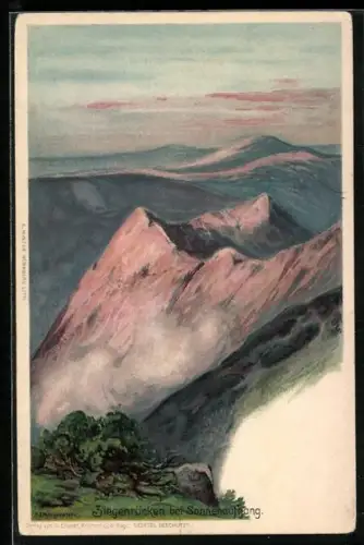 Künstler-AK Carl Ernst Morgenstern: Ziegenrücken, Ortsansicht bei Sonnenaufgang