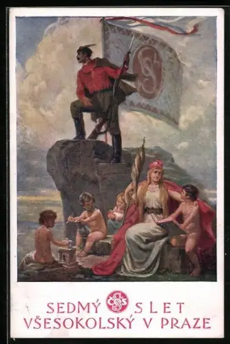 AK Sokol 1920, Junge Frau mit nackte Knaben, die Buch und Vase halten