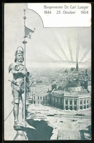 AK Wien, Bürgermeister Carl Lueger in Ritterrüstung, Teilansicht aus der Vogelschau