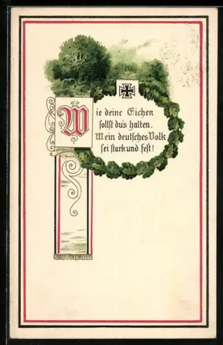 Lithographie Wie deine Eichen sollst dus halten... - Landschaft, Eichenkranz, Eisernes Kreuz